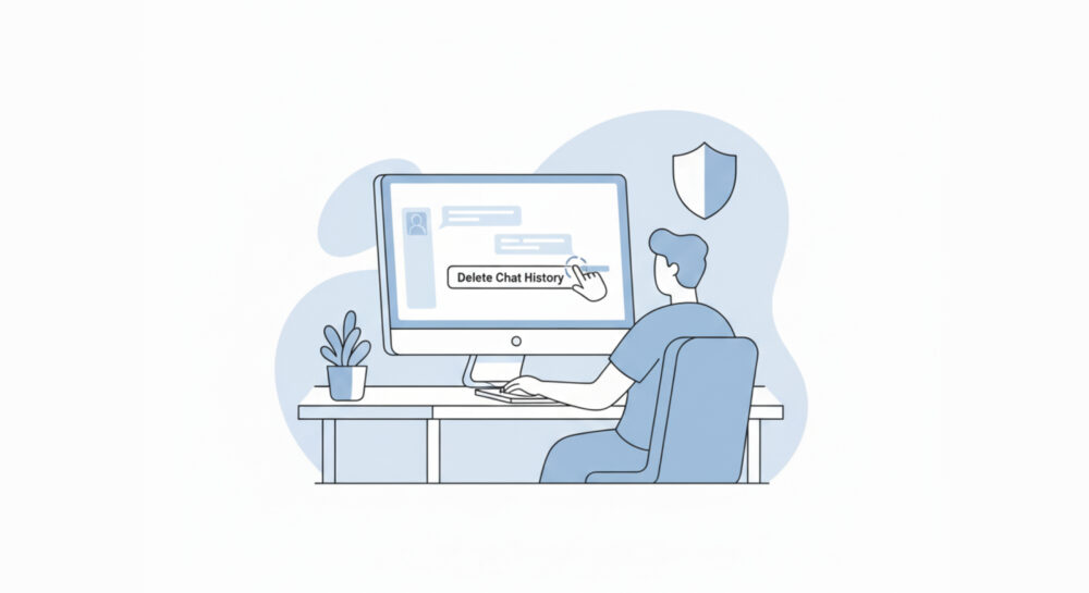 ChatGPTで履歴削除を行うイラスト。パソコン画面でDelete Chat Historyをクリックしている人物のイメージ