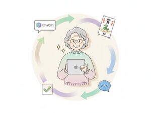 ChatGPTで年賀状の文面を作成している中高年女性のイラスト。タブレットを持ち、ChatGPTロゴ、年賀状、チェックマーク、チャットアイコンが円形に配置されている