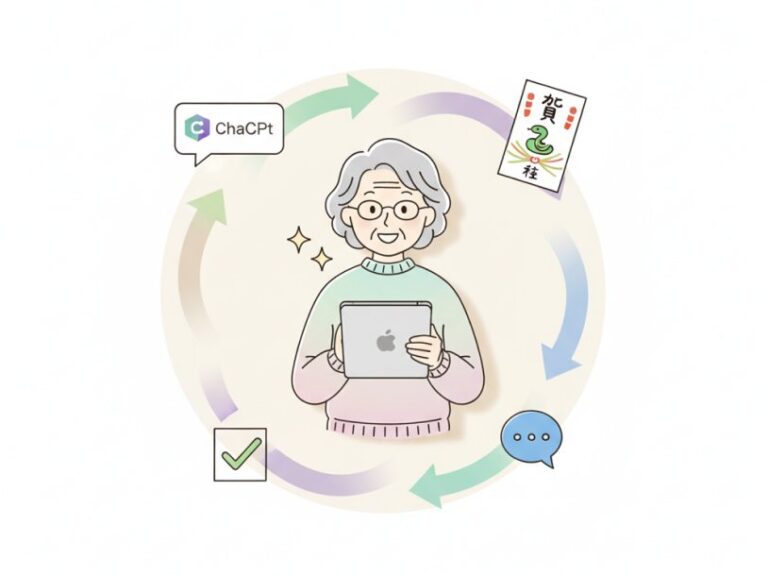 ChatGPTで年賀状の文面を作成している中高年女性のイラスト。タブレットを持ち、ChatGPTロゴ、年賀状、チェックマーク、チャットアイコンが円形に配置されている