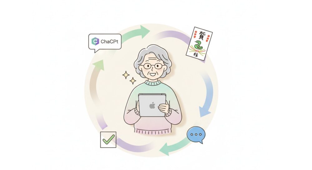 ChatGPTで年賀状の文面を作成している中高年女性のイラスト。タブレットを持ち、ChatGPTロゴ、年賀状、チェックマーク、チャットアイコンが円形に配置されている