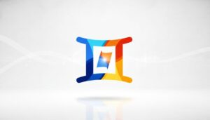 白い背景に青・オレンジ・黄色のグラデーションが組み合わさった近未来的なデジタルロゴ