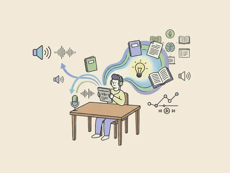 NotebookLMを使って音声から情報を整理し、学習内容をまとめている人物のイラスト